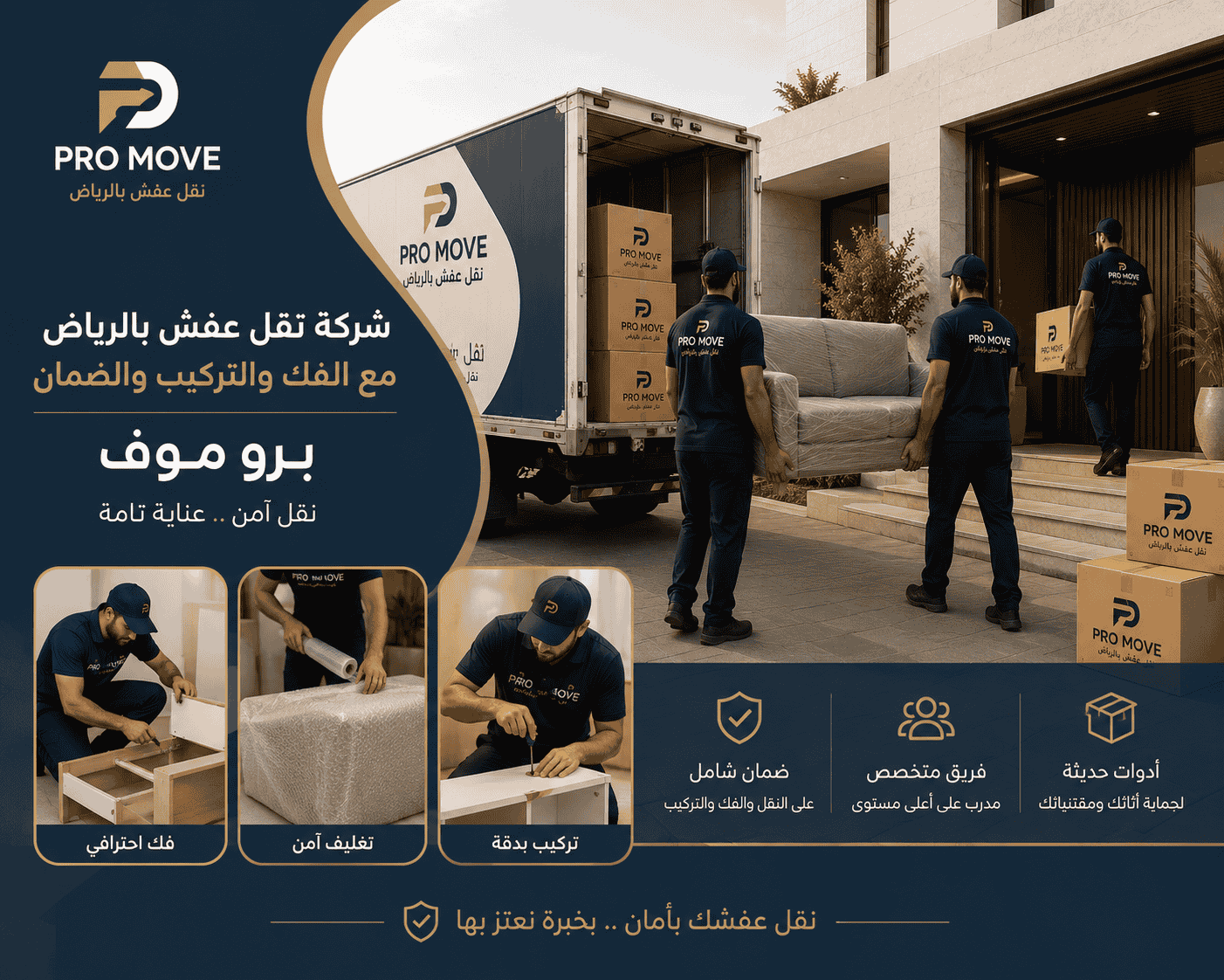 عمالة تقوم بتحميل العفش المغلف بعناية داخل سيارات دينا نقل مغلقة بالرياض